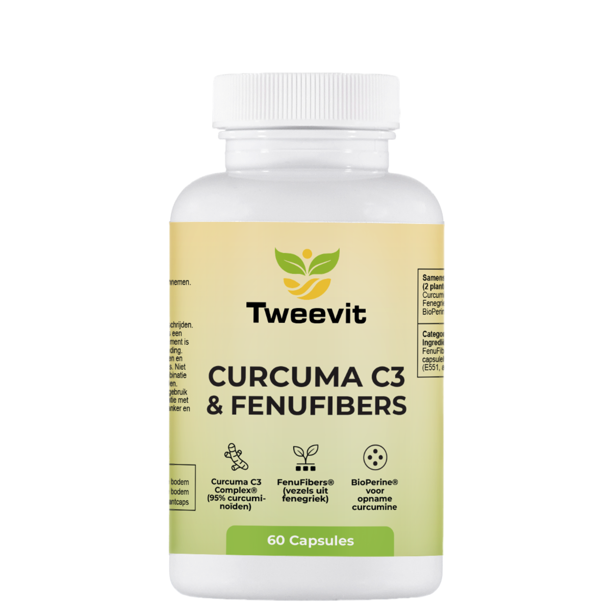 Tweevit Curcuma C3 & Fenufibers – curcumine supplement met FenuFibers en BioPerine voor betere opname en ondersteuning van gewrichten en lever.